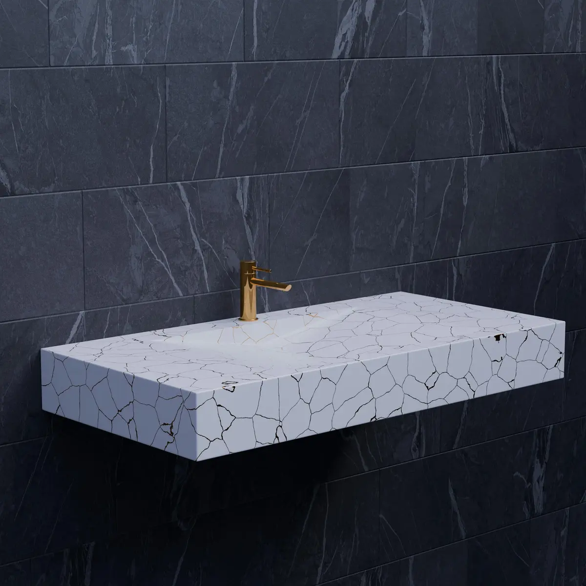 Designer wall-mounted marble sink with gold faucet
